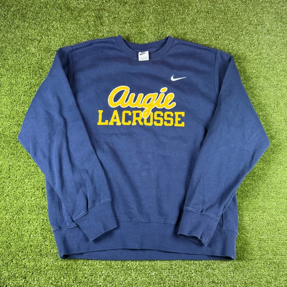 Nike Augie Lacrosse Crewneck Sweatshirt Mens Large Navy Blue Pullover Swoosh